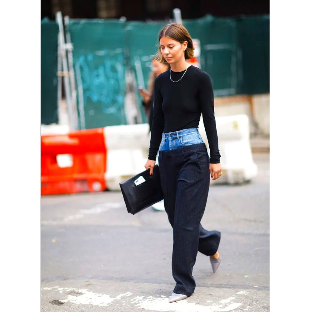 Juun.J Two-Tone Denim-Waist Wide-Leg Trousers — Black & Blue